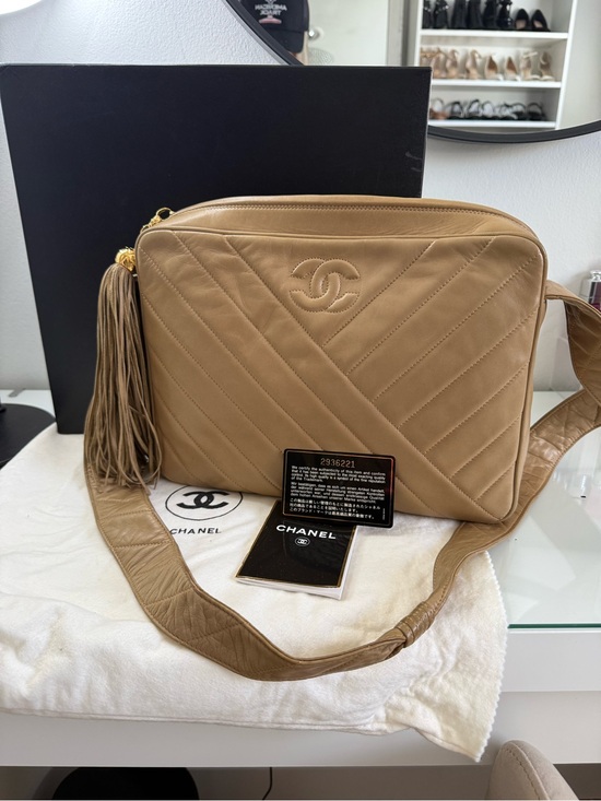 CHANEL Handbags - Chanel Vintage Beige Large Lambskin Camera Bag